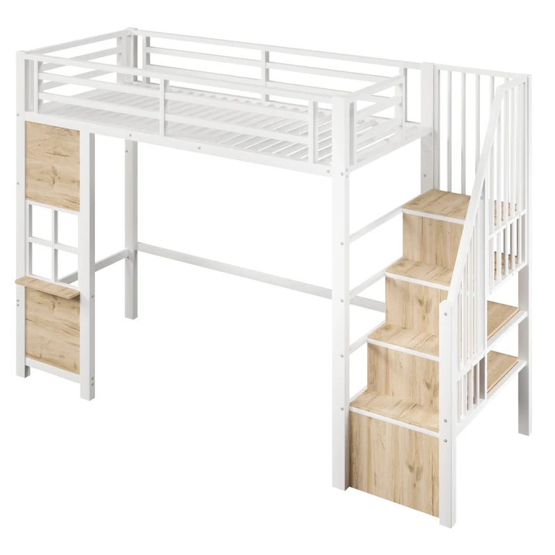 Letto a soppalco per bambini 90x200 cm in metallo e MDF bianco con scala contenitore e ringhiera