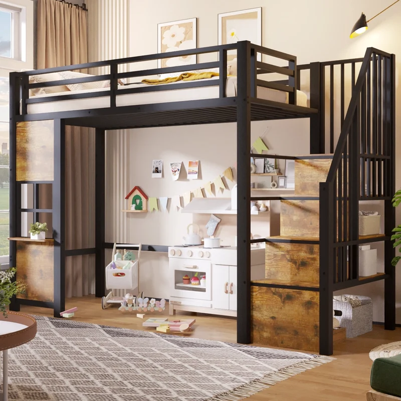 Letto a soppalco per bambini 90x200 cm in metallo e MDF con scala contenitore; nero e bianco