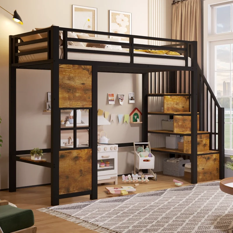 Letto a soppalco per bambini 90x200 cm in metallo e MDF con scala contenitore; nero e bianco