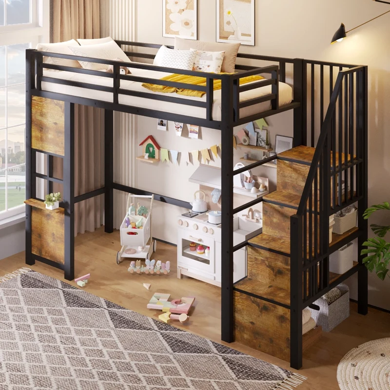 Letto a soppalco per bambini 90x200 cm in metallo e MDF con scala contenitore; nero e bianco