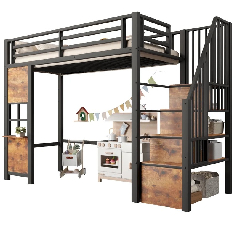 Letto a soppalco per bambini 90x200 cm in metallo e MDF con scala contenitore; nero e bianco