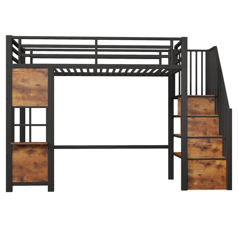 Letto a soppalco per bambini 90x200 cm in metallo e MDF con scala contenitore; nero e bianco