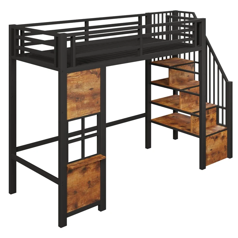 Letto a soppalco per bambini 90x200 cm in metallo e MDF con scala contenitore; nero e bianco