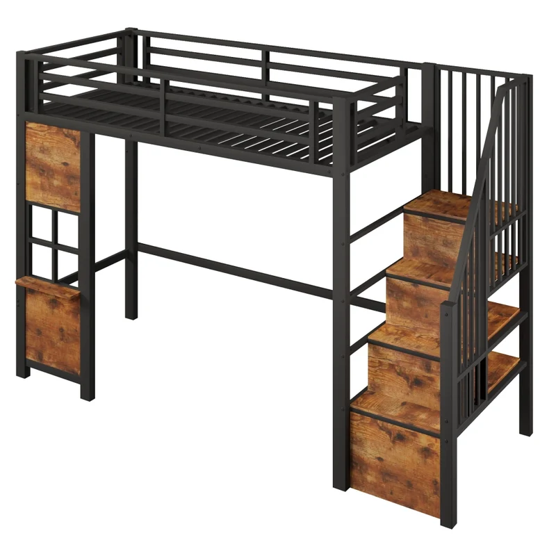 Letto a soppalco per bambini 90x200 cm in metallo e MDF con scala contenitore; nero e bianco