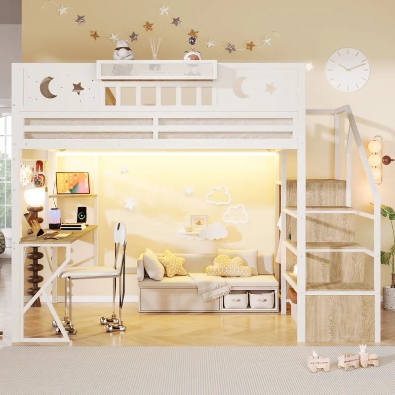Letto a soppalco 140x200 con scrivania in metallo e MDF; LED; USB e scaffali; bianco