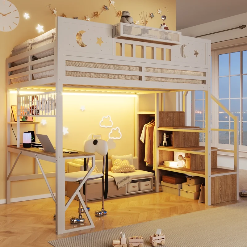 Letto a soppalco 140x200 con scrivania in metallo e MDF; LED; USB e scaffali; bianco