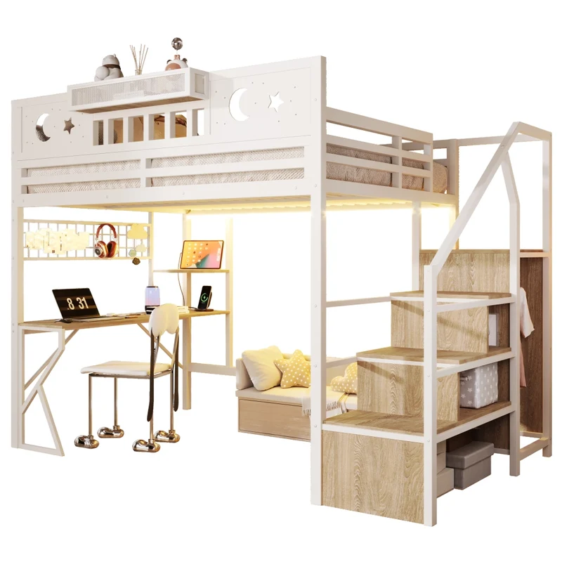 Letto a soppalco 140x200 con scrivania in metallo e MDF; LED; USB e scaffali; bianco
