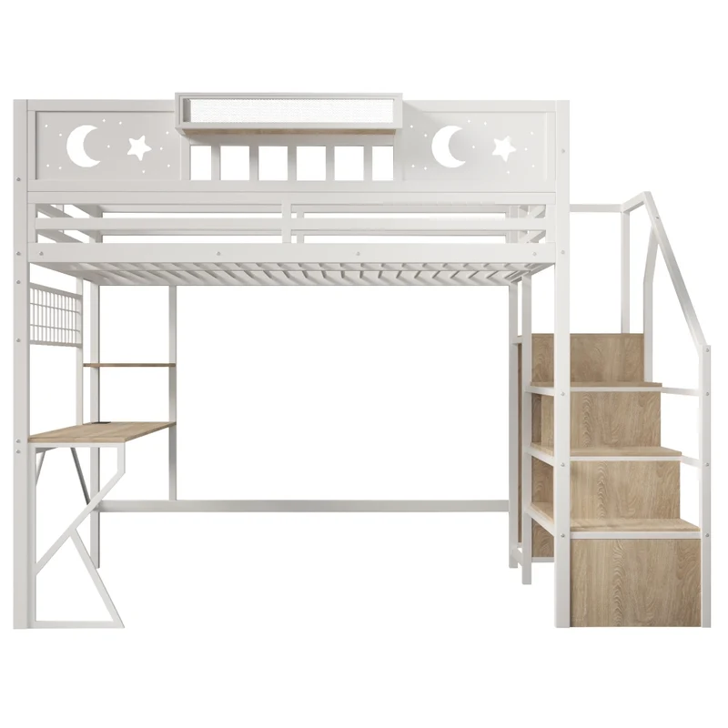 Letto a soppalco 140x200 con scrivania in metallo e MDF; LED; USB e scaffali; bianco