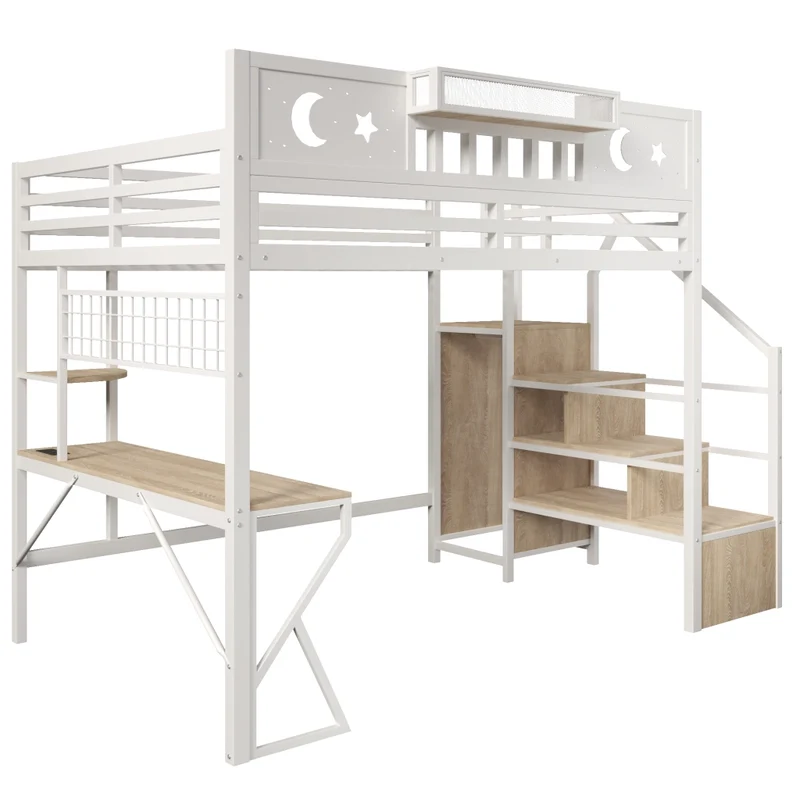 Letto a soppalco 140x200 con scrivania in metallo e MDF; LED; USB e scaffali; bianco