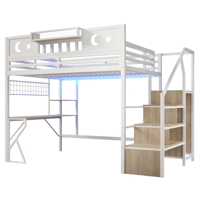 Letto a soppalco 140x200 con scrivania in metallo e MDF; LED; USB e scaffali; bianco