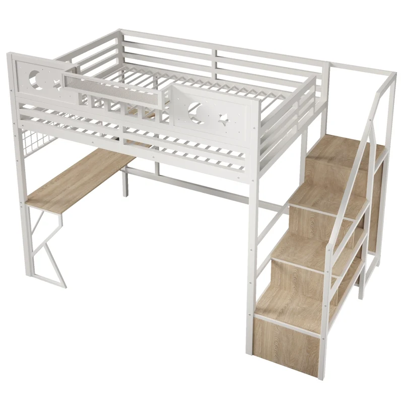Letto a soppalco 140x200 con scrivania in metallo e MDF; LED; USB e scaffali; bianco