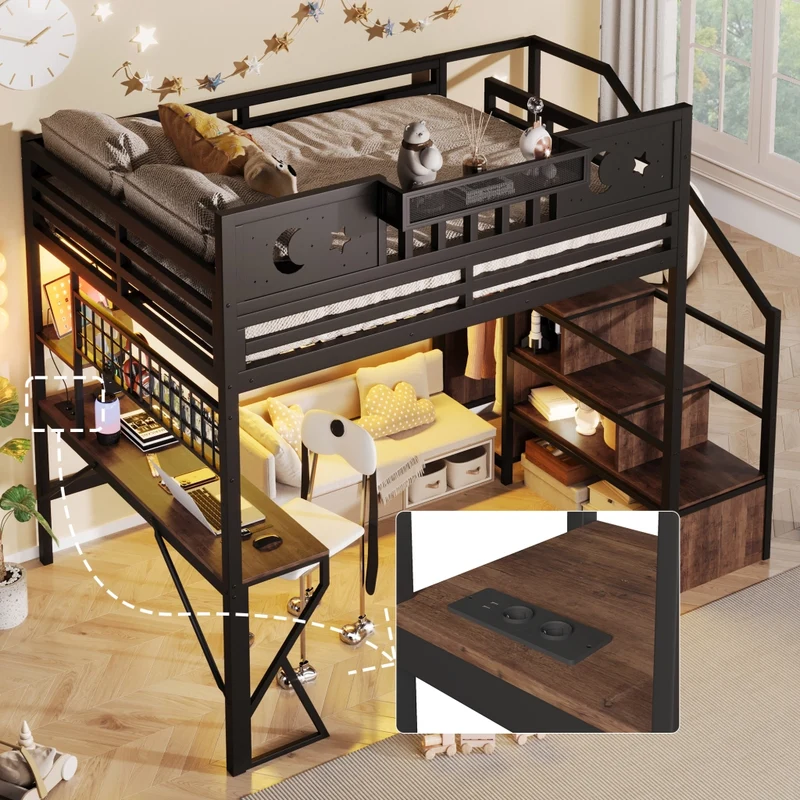 Letto a soppalco 140x200 con scrivania in metallo e MDF; nero; per cameretta