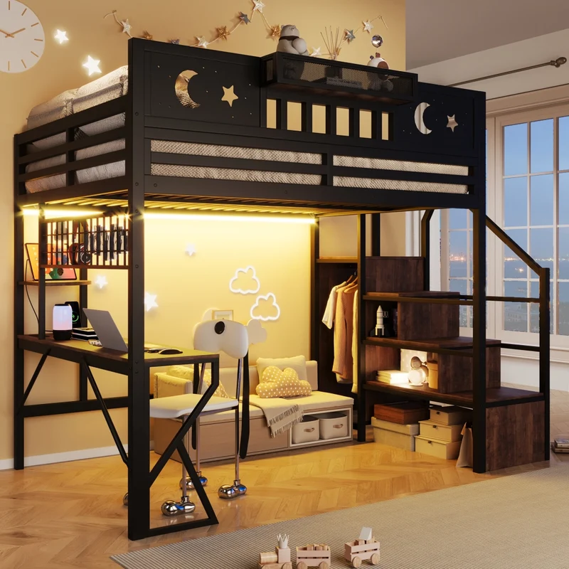 Letto a soppalco 140x200 con scrivania in metallo e MDF; nero; per cameretta