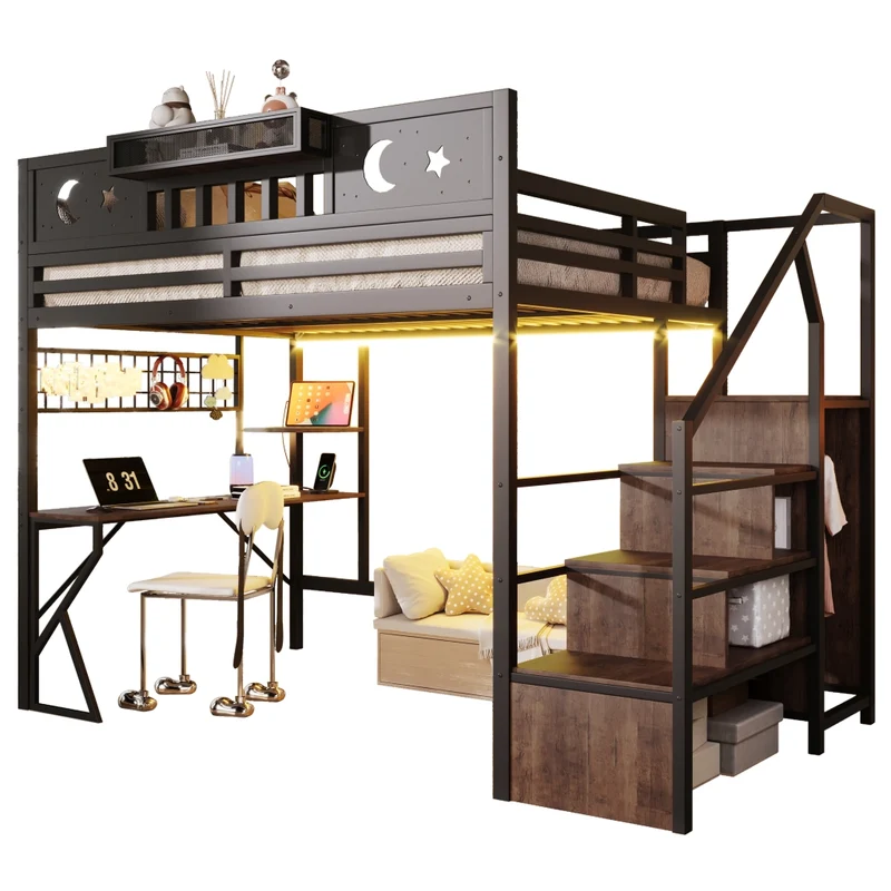 Letto a soppalco 140x200 con scrivania in metallo e MDF; nero; per cameretta