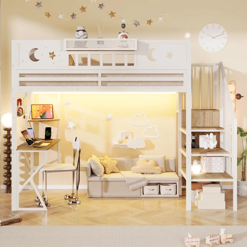 Letto a soppalco 90x200 con scrivania in metallo e MDF; bianco; LED e USB