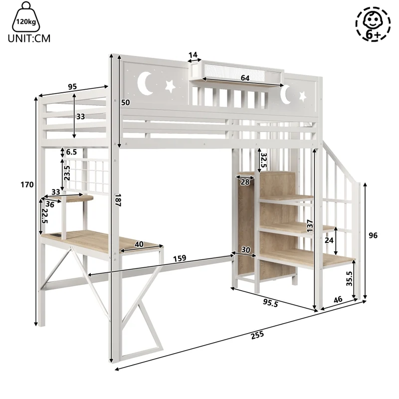 Letto a soppalco 90x200 con scrivania in metallo e MDF; bianco; LED e USB