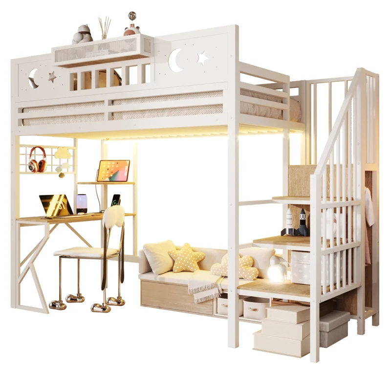 Letto a soppalco 90x200 con scrivania in metallo e MDF; bianco; LED e USB