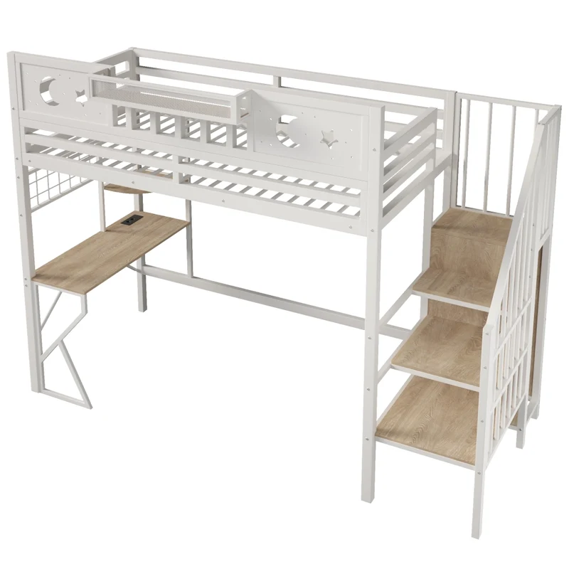 Letto a soppalco 90x200 con scrivania in metallo e MDF; bianco; LED e USB