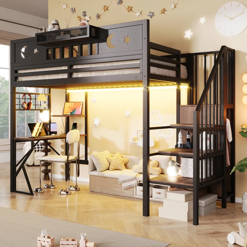 Letto a soppalco per bambini 90x200 cm con scrivania; struttura in metallo e MDF; scaffali; LED e USB; nero