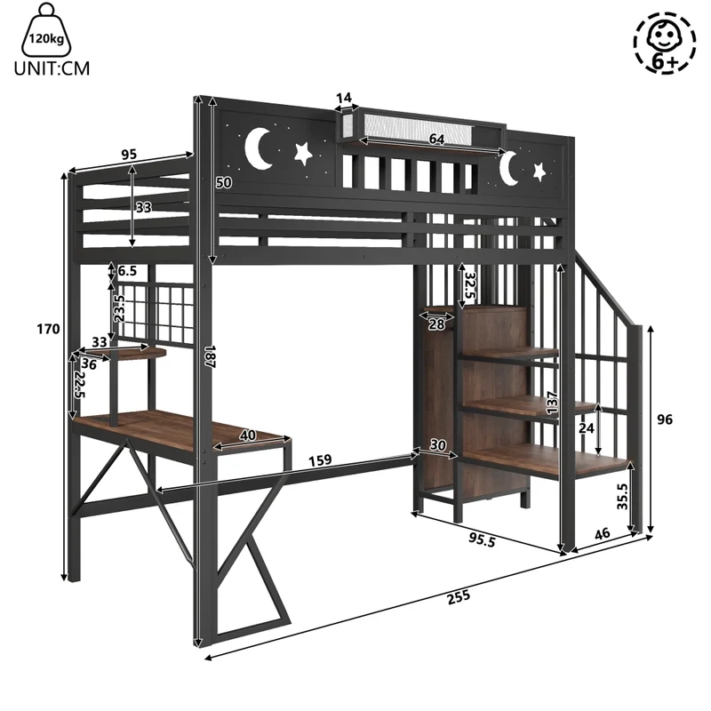 Letto a soppalco per bambini 90x200 cm con scrivania; struttura in metallo e MDF; scaffali; LED e USB; nero