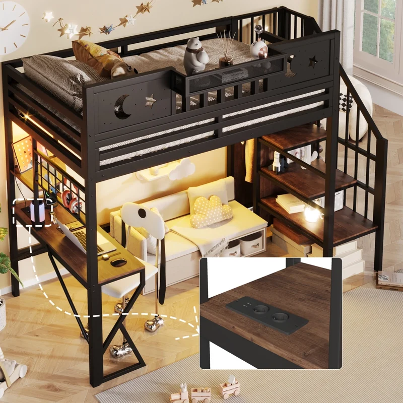 Letto a soppalco per bambini 90x200 cm con scrivania; struttura in metallo e MDF; scaffali; LED e USB; nero