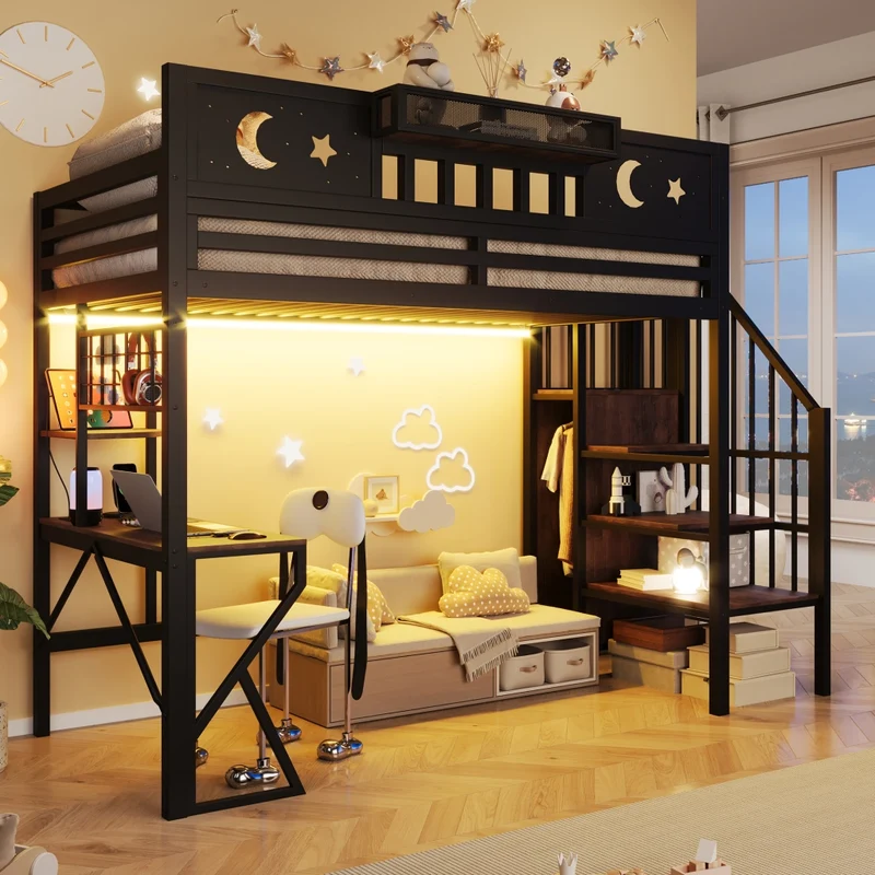 Letto a soppalco per bambini 90x200 cm con scrivania; struttura in metallo e MDF; scaffali; LED e USB; nero