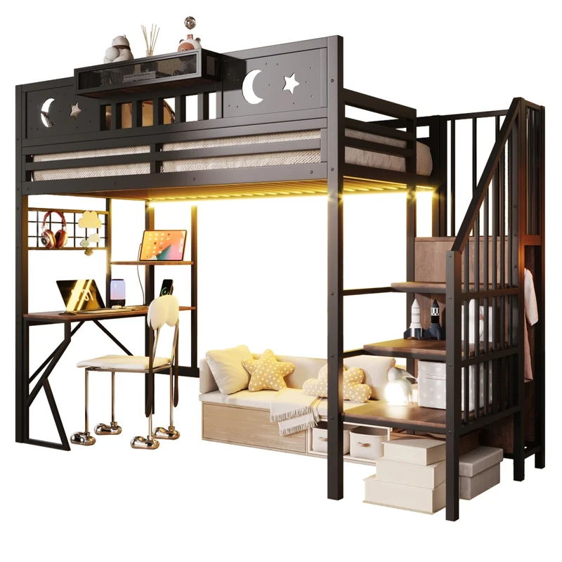 Letto a soppalco per bambini 90x200 cm con scrivania; struttura in metallo e MDF; scaffali; LED e USB; nero