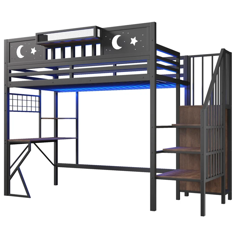 Letto a soppalco per bambini 90x200 cm con scrivania; struttura in metallo e MDF; scaffali; LED e USB; nero