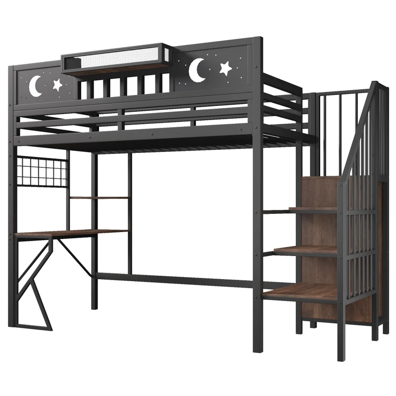 Letto a soppalco per bambini 90x200 cm con scrivania; struttura in metallo e MDF; scaffali; LED e USB; nero