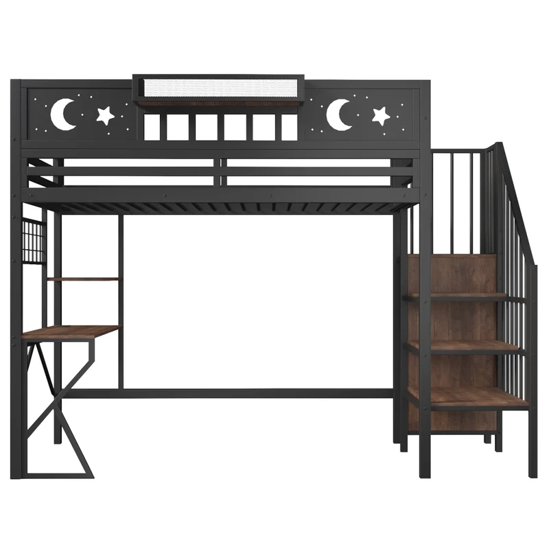 Letto a soppalco per bambini 90x200 cm con scrivania; struttura in metallo e MDF; scaffali; LED e USB; nero