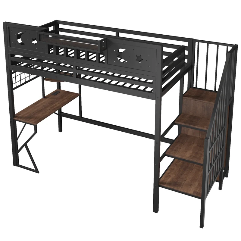 Letto a soppalco per bambini 90x200 cm con scrivania; struttura in metallo e MDF; scaffali; LED e USB; nero