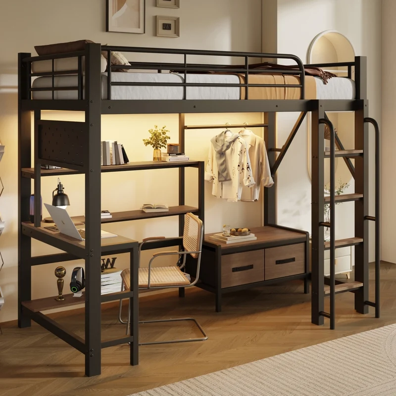 Letto a soppalco 90x200 cm con scrivania integrata; struttura in metallo e MDF; nero