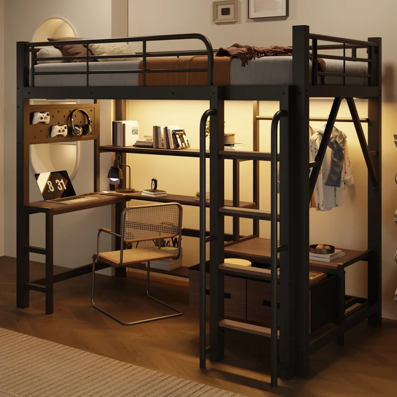 Letto a soppalco 90x200 cm con scrivania integrata; struttura in metallo e MDF; nero