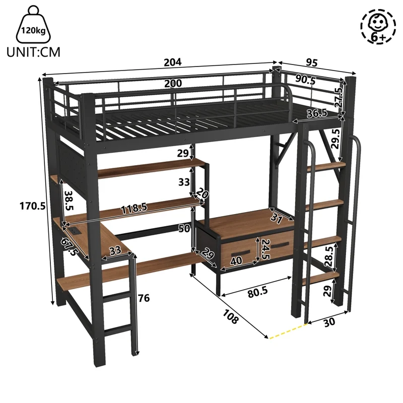 Letto a soppalco 90x200 cm con scrivania integrata; struttura in metallo e MDF; nero