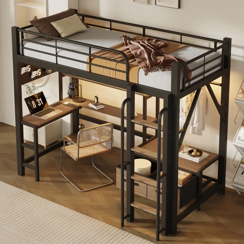 Letto a soppalco 90x200 cm con scrivania integrata; struttura in metallo e MDF; nero