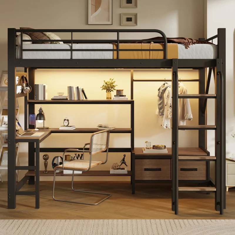 Letto a soppalco 90x200 cm con scrivania integrata; struttura in metallo e MDF; nero