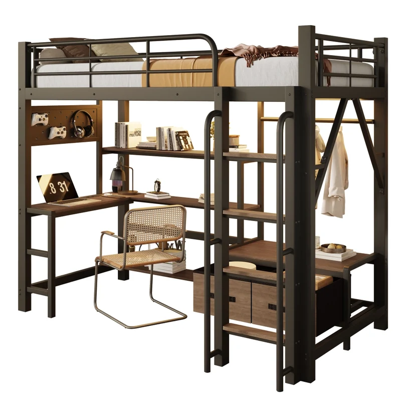 Letto a soppalco 90x200 cm con scrivania integrata; struttura in metallo e MDF; nero