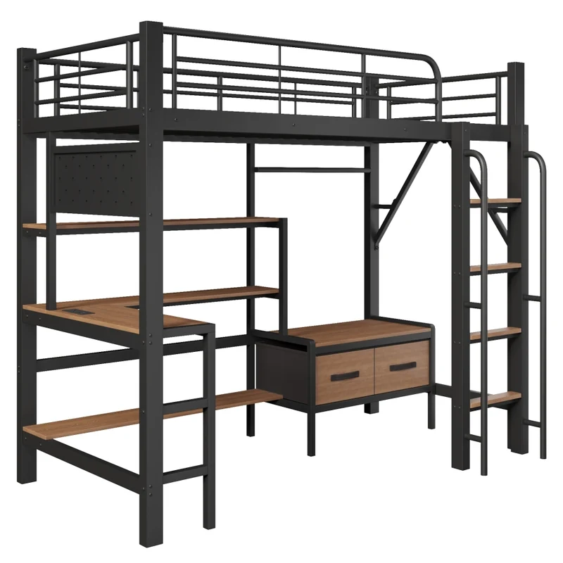 Letto a soppalco 90x200 cm con scrivania integrata; struttura in metallo e MDF; nero