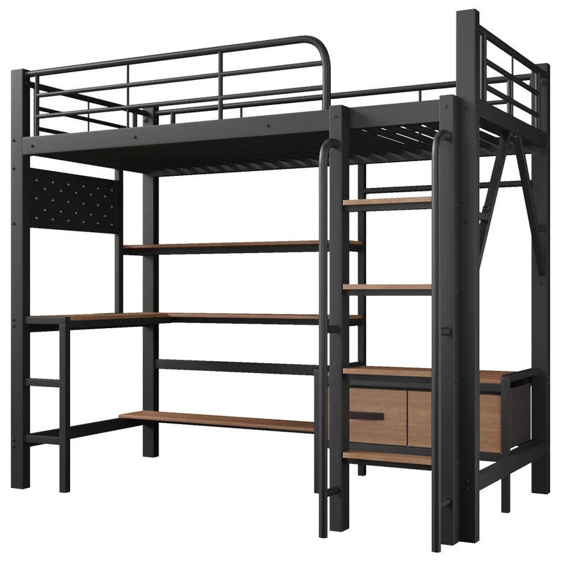 Letto a soppalco 90x200 cm con scrivania integrata; struttura in metallo e MDF; nero