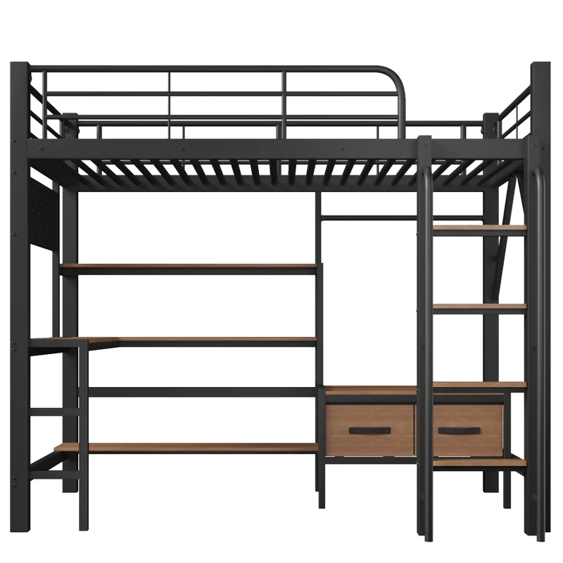 Letto a soppalco 90x200 cm con scrivania integrata; struttura in metallo e MDF; nero