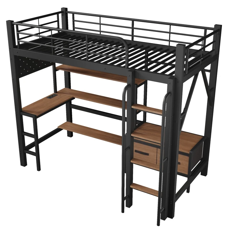 Letto a soppalco 90x200 cm con scrivania integrata; struttura in metallo e MDF; nero