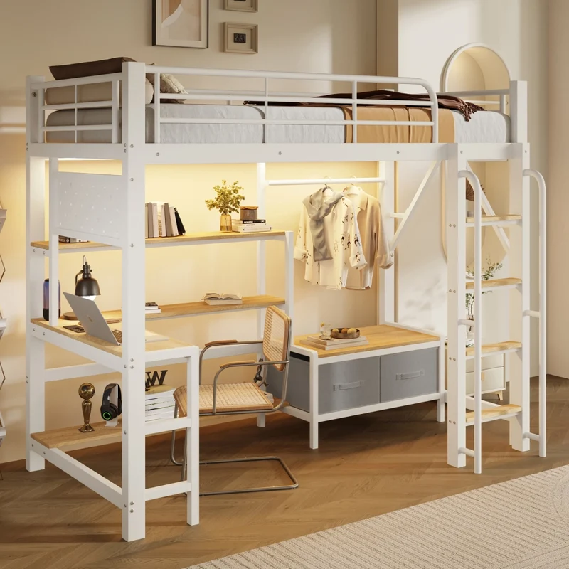 Letto a soppalco 90 x 200 cm con scrivania in metallo e MDF; bianco; con scaffali; LED e USB