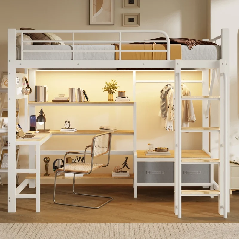 Letto a soppalco 90 x 200 cm con scrivania in metallo e MDF; bianco; con scaffali; LED e USB