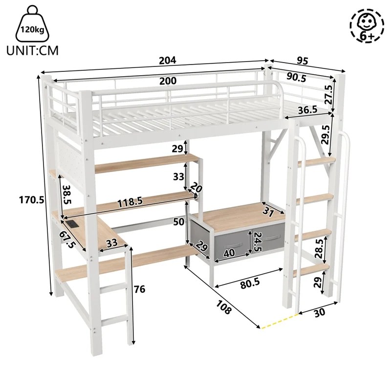 Letto a soppalco 90 x 200 cm con scrivania in metallo e MDF; bianco; con scaffali; LED e USB