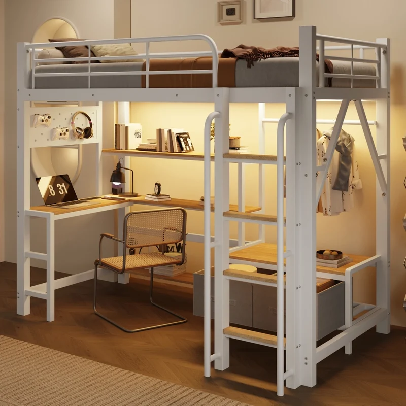 Letto a soppalco 90 x 200 cm con scrivania in metallo e MDF; bianco; con scaffali; LED e USB