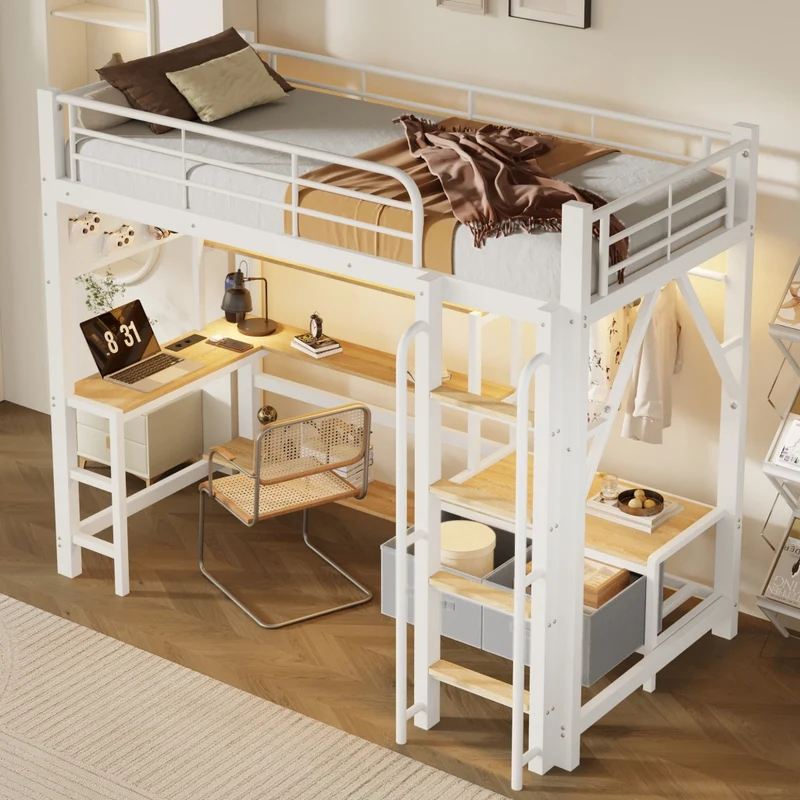 Letto a soppalco 90 x 200 cm con scrivania in metallo e MDF; bianco; con scaffali; LED e USB