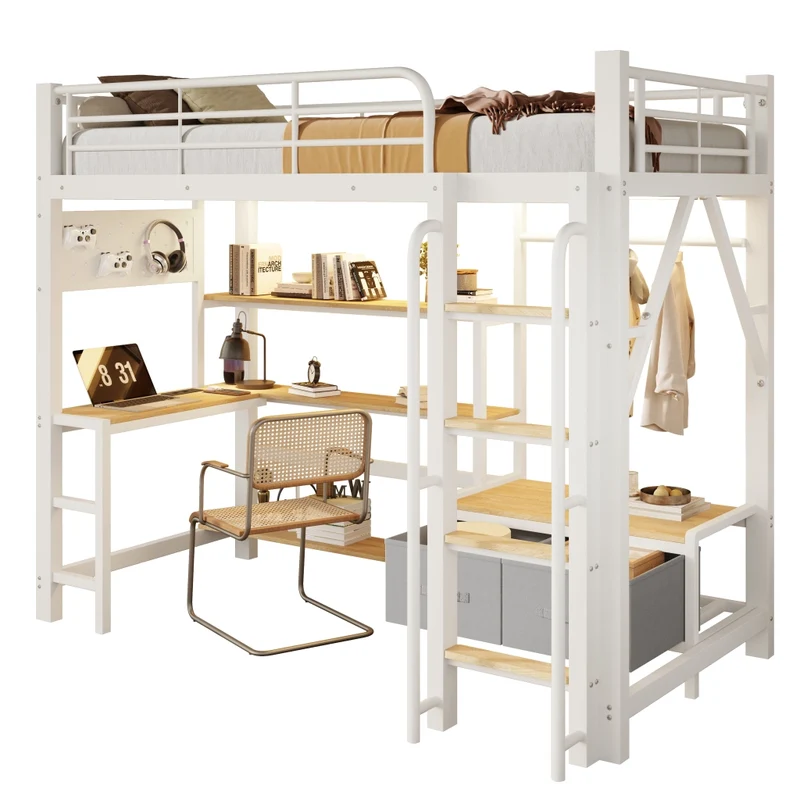 Letto a soppalco 90 x 200 cm con scrivania in metallo e MDF; bianco; con scaffali; LED e USB
