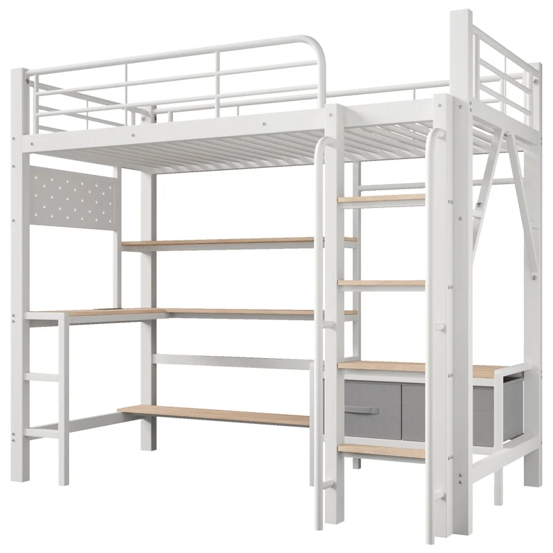 Letto a soppalco 90 x 200 cm con scrivania in metallo e MDF; bianco; con scaffali; LED e USB