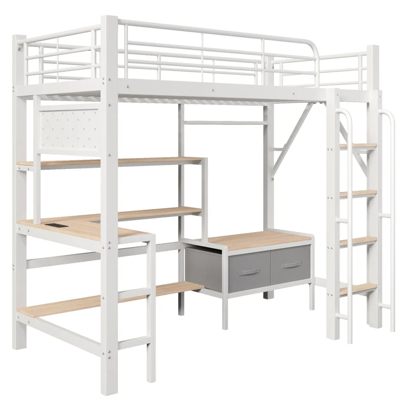 Letto a soppalco 90 x 200 cm con scrivania in metallo e MDF; bianco; con scaffali; LED e USB