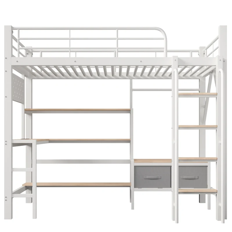 Letto a soppalco 90 x 200 cm con scrivania in metallo e MDF; bianco; con scaffali; LED e USB
